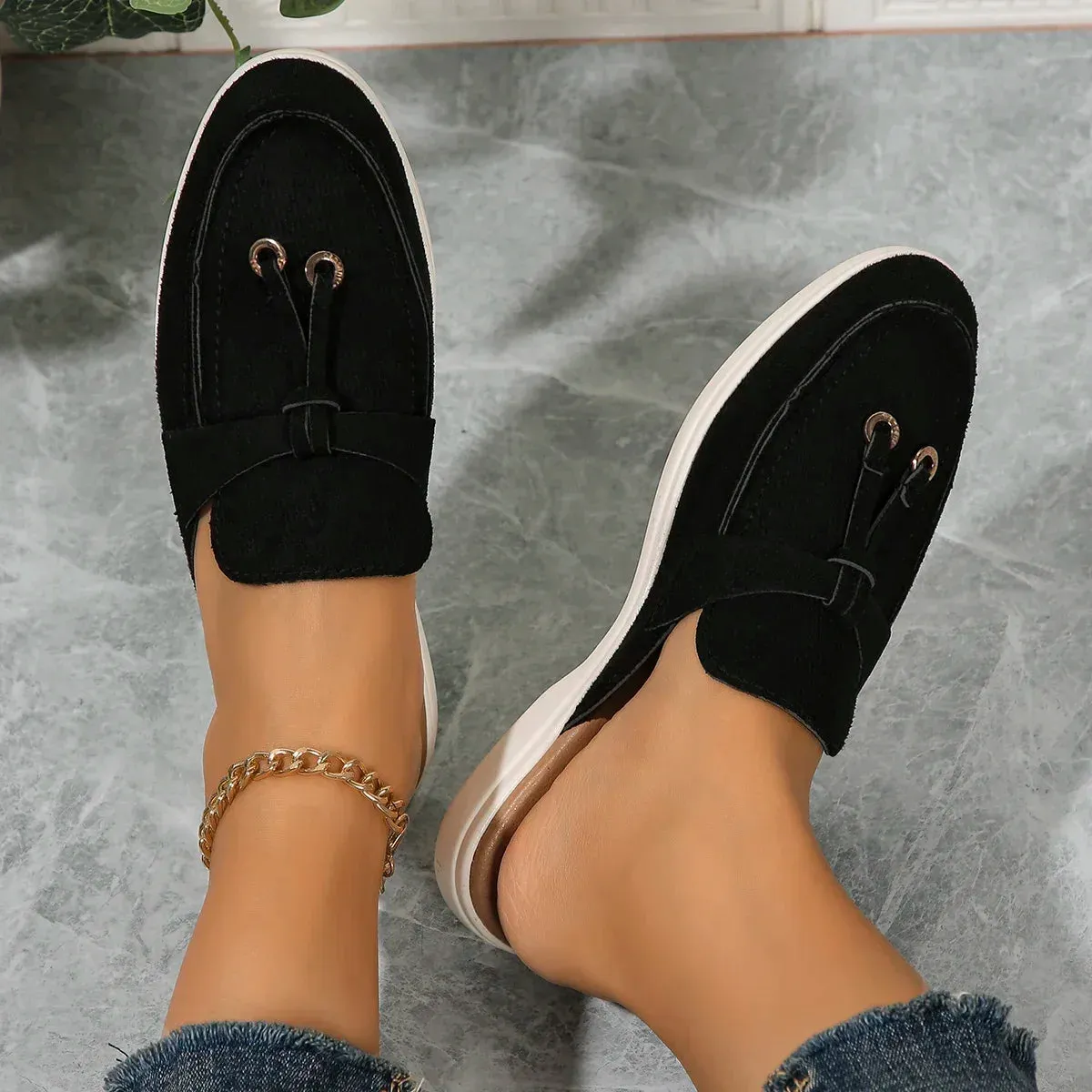 Amozae-New Casual Flat Bottom Mules Lock Tassel Loafers Fashion Women Single Shoes Brand Metal Buckle Slipper Comfortable Slip on Shoes