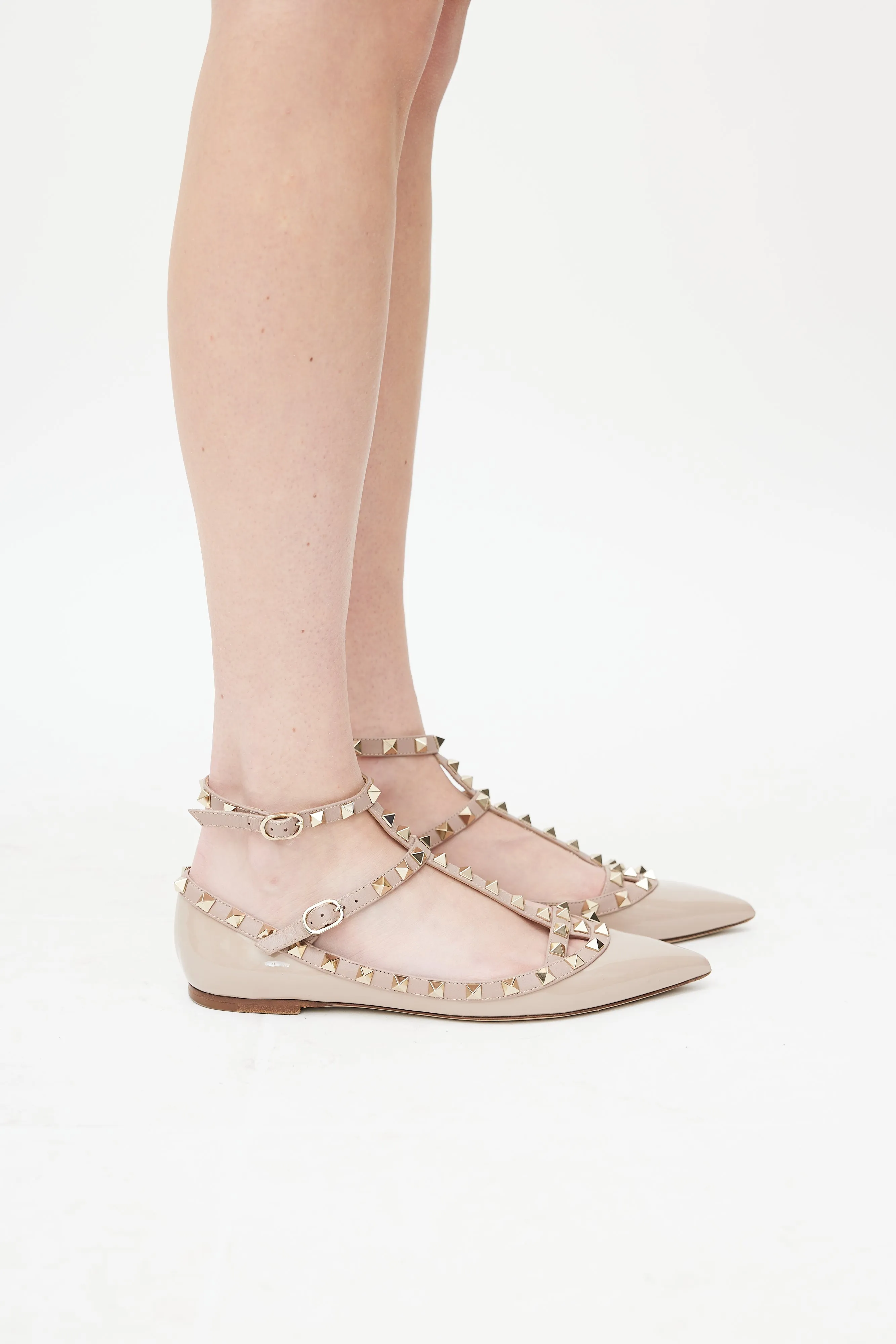 Beige Patent Rockstud Caged Flat