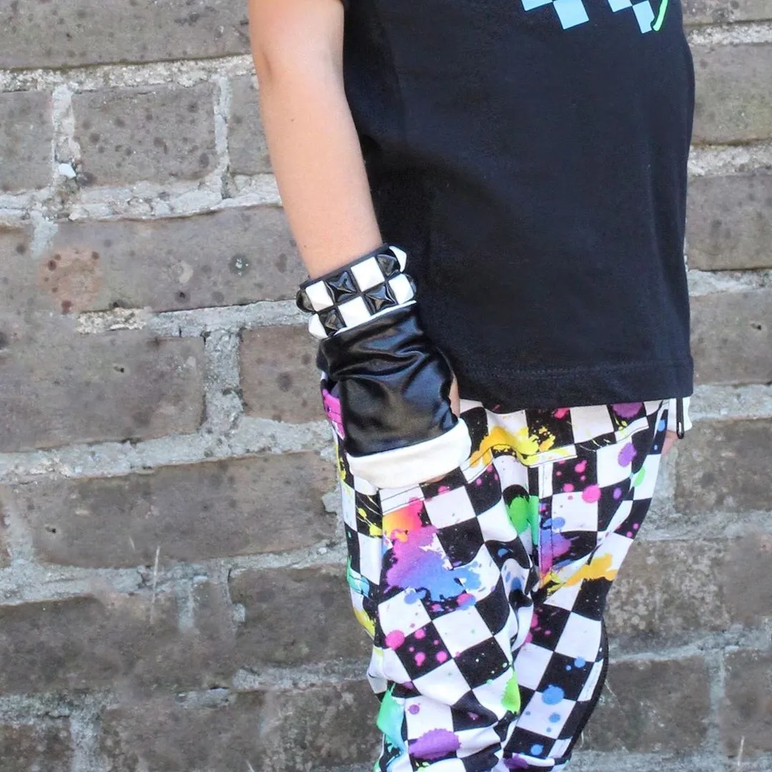 Black and White Rockstar Fingerless Vegan Leather Gloves Monochrome