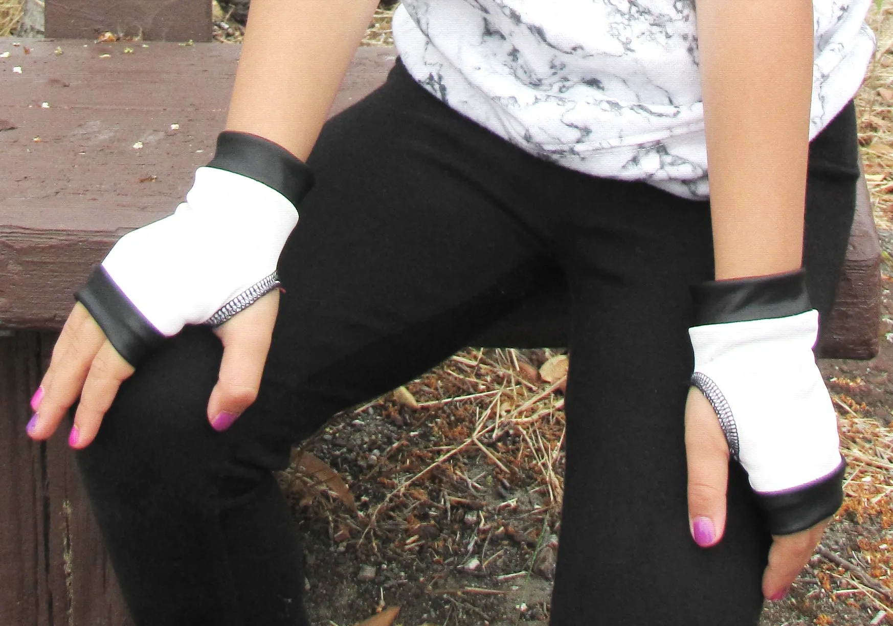 Black and White Rockstar Fingerless Vegan Leather Gloves Monochrome