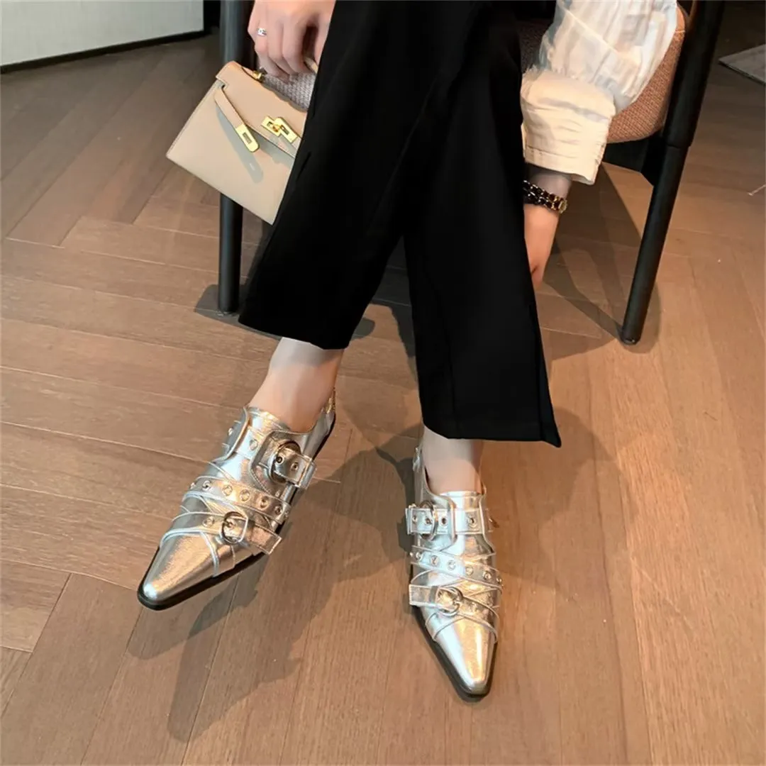 Elegant Cow Leather Pointed Toe Mule Slip Ons