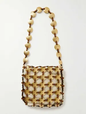 Embellished leather and canvas shoulder bag