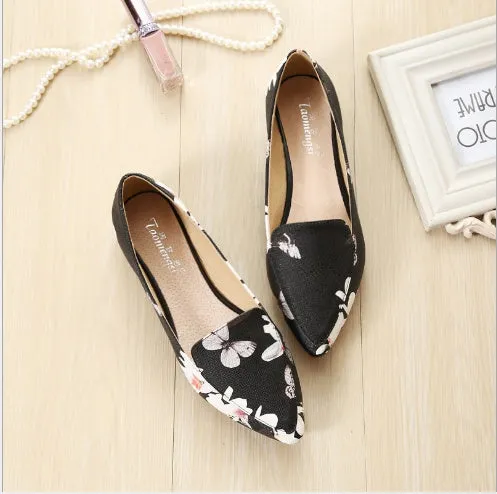 Espadrilles shoes woman slip on shoes pointed toe moccasins ladies loafers embroidery flats shoes flower printed shoes size 34- 43