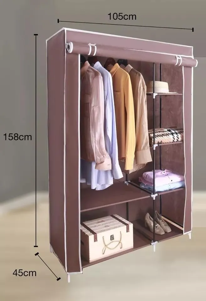 Generic Canvas Wardrobe Organizer Clothes Rail Shelves Storage Closet Double Short (Brown), 55-56-57-58A