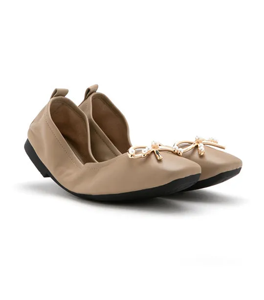 Hailey Foldable Square-Toe Bow Flats Khaki