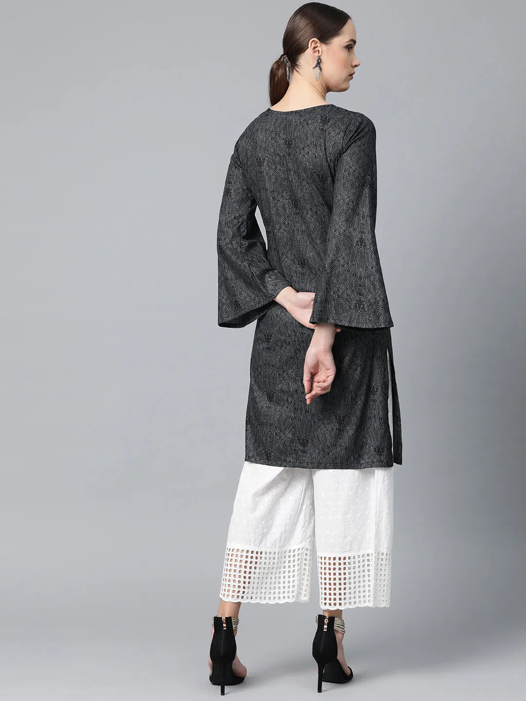 Jashvi Women Charcoal Grey & Black Printed Straight Kurta