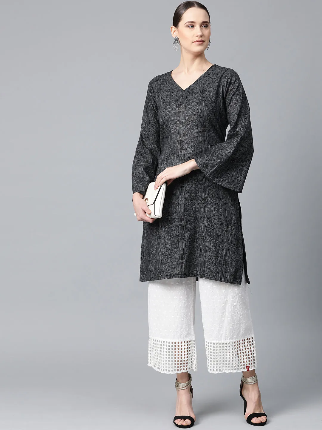 Jashvi Women Charcoal Grey & Black Printed Straight Kurta