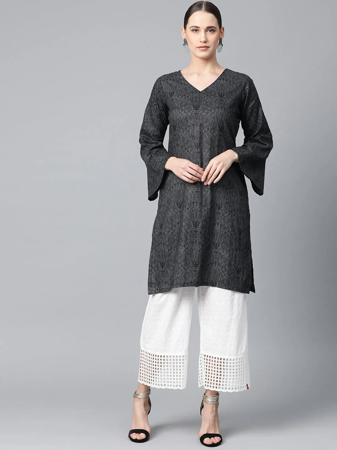 Jashvi Women Charcoal Grey & Black Printed Straight Kurta