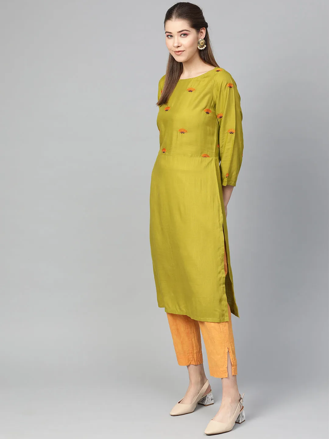 Jashvi Women Green Yoke Design Straight Kurta