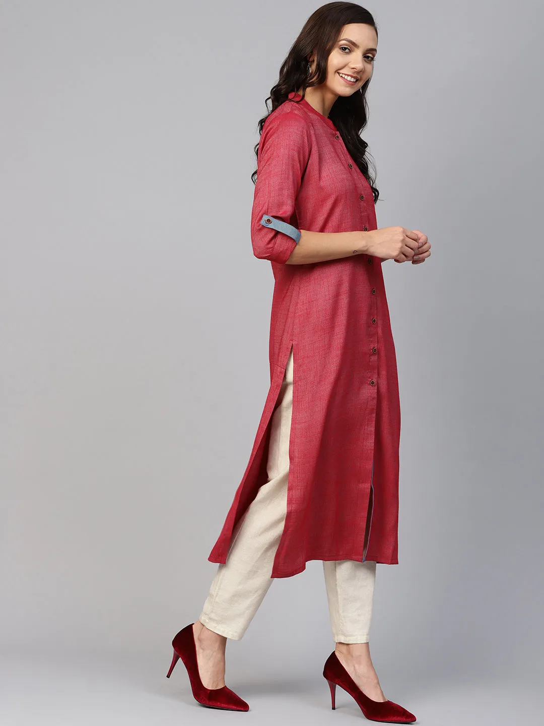 Jashvi Women Maroon Woven Design Straight Rayon Kurta