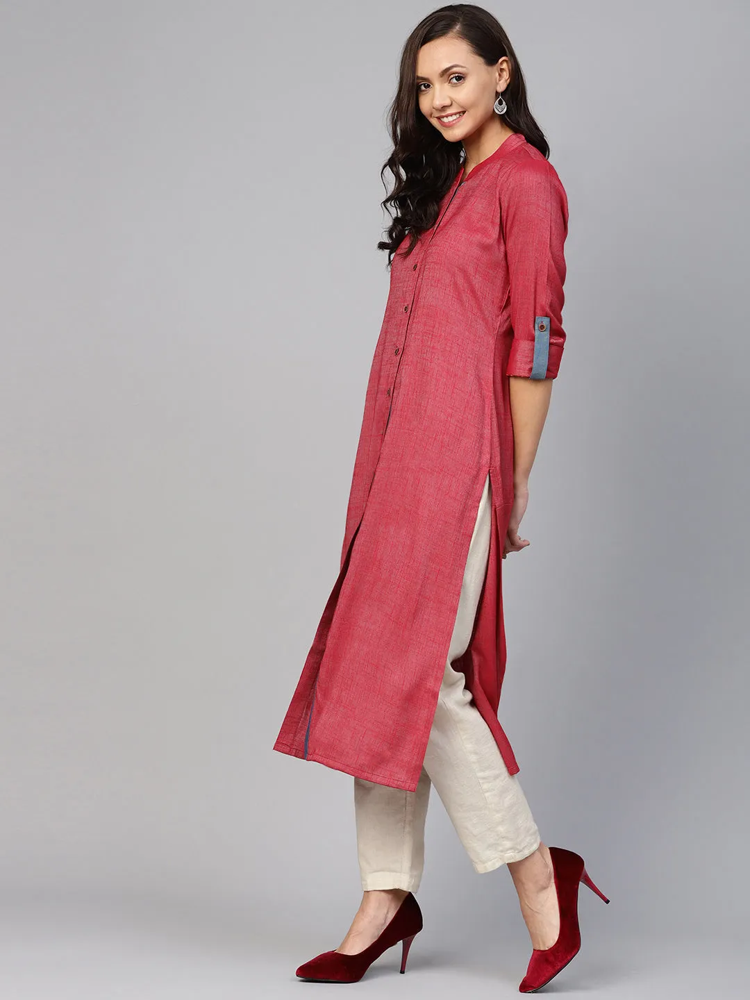 Jashvi Women Maroon Woven Design Straight Rayon Kurta