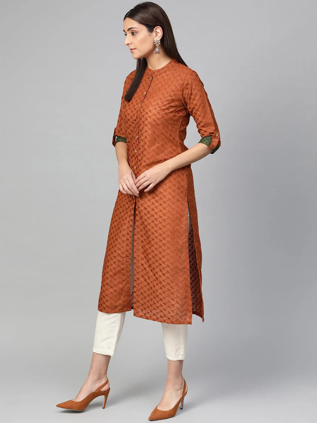 Jashvi Women Rust Brown Embroidered Straight Kurta