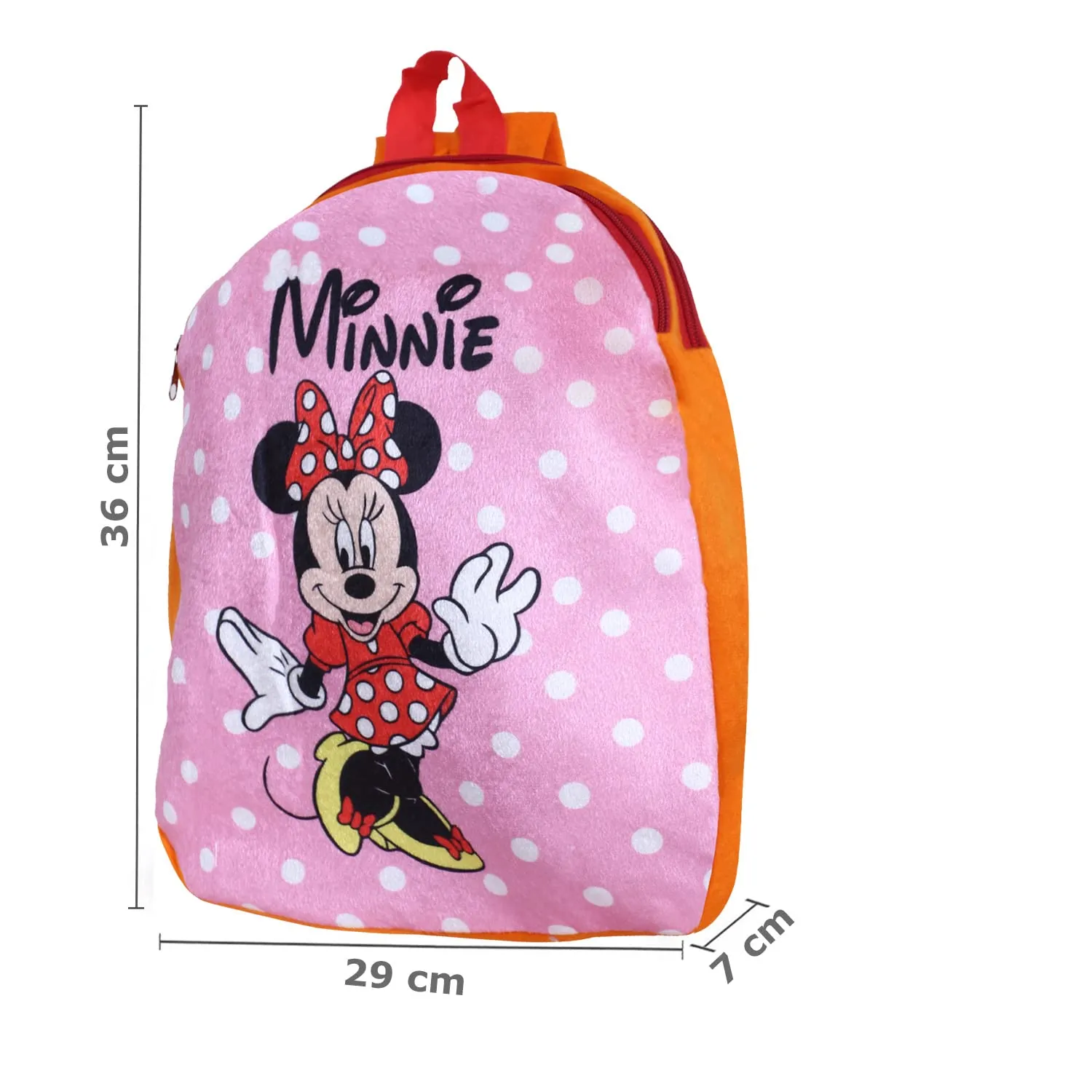 Kuber Industries Disney Minnie Plush Backpack|2 Compartment Stitched Velvet School Bag|Durable Toddler Haversack for Travel,School with Zipper Closure (Pink & Orange)