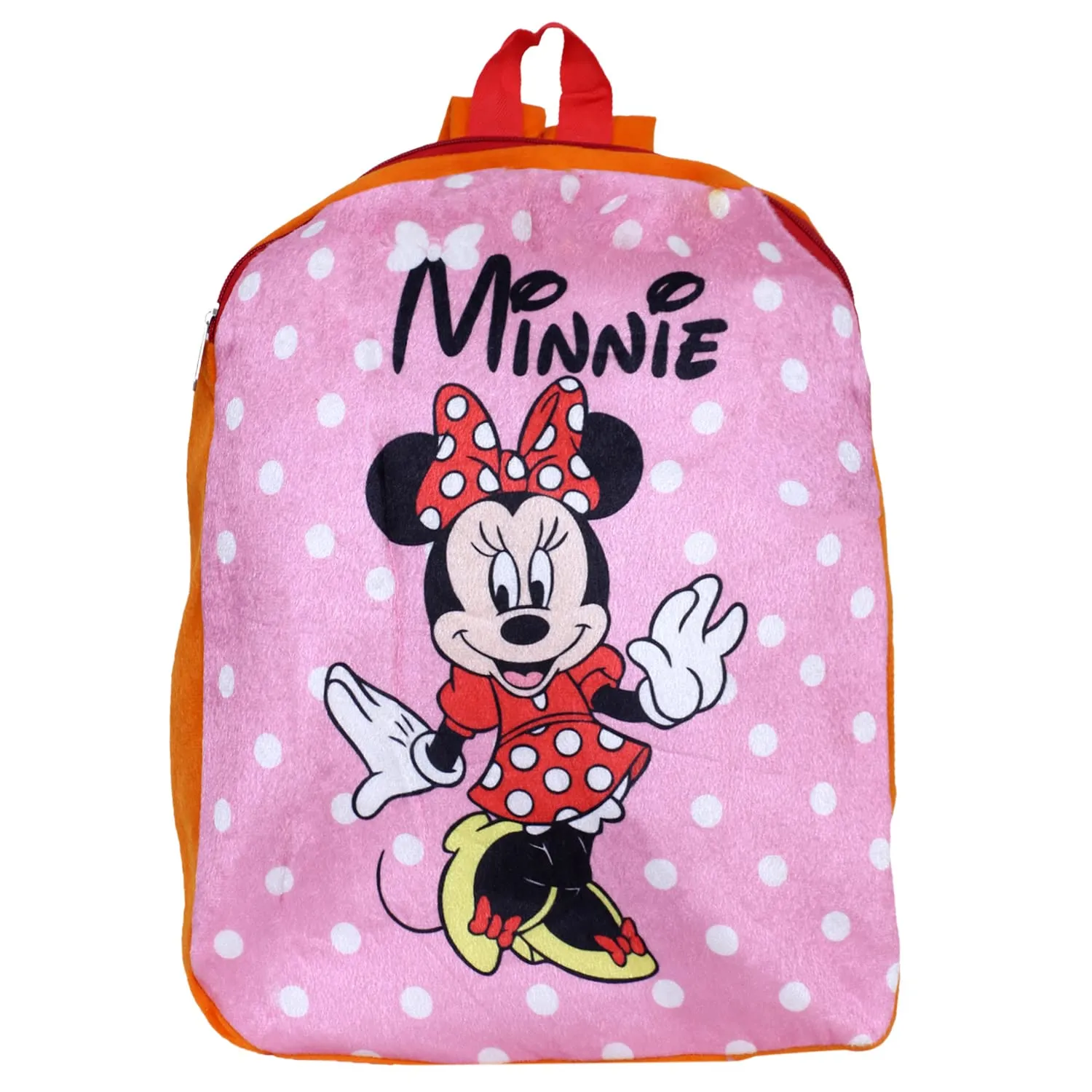 Kuber Industries Disney Minnie Plush Backpack|2 Compartment Stitched Velvet School Bag|Durable Toddler Haversack for Travel,School with Zipper Closure (Pink & Orange)