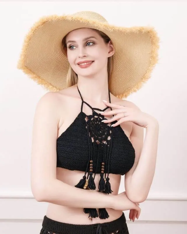 Natural Woven Frayed Edge Straw Hat