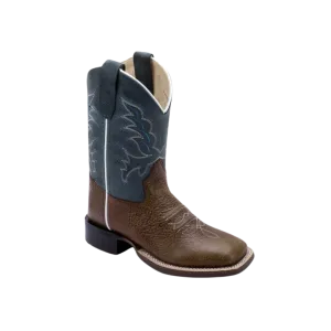 Old West Kids Unisex Broad Square Toe Brown Pillow Blue Leather Boots