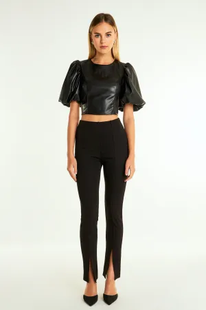 Pu Puff Sleeve Cropped Top