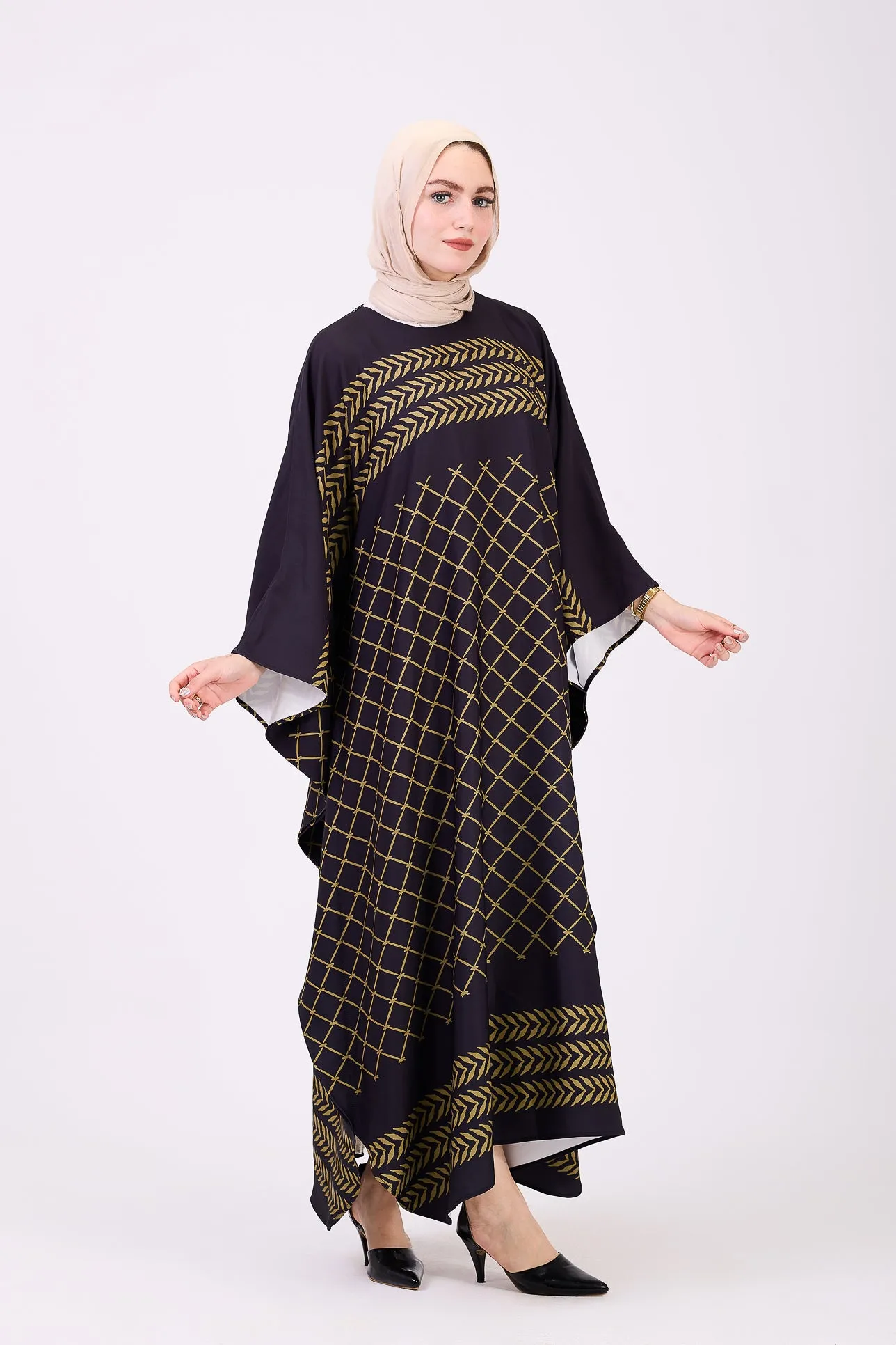 Qudra Luxe Crepe Geometric Patterned Maxi Dress with Modest Sleeves