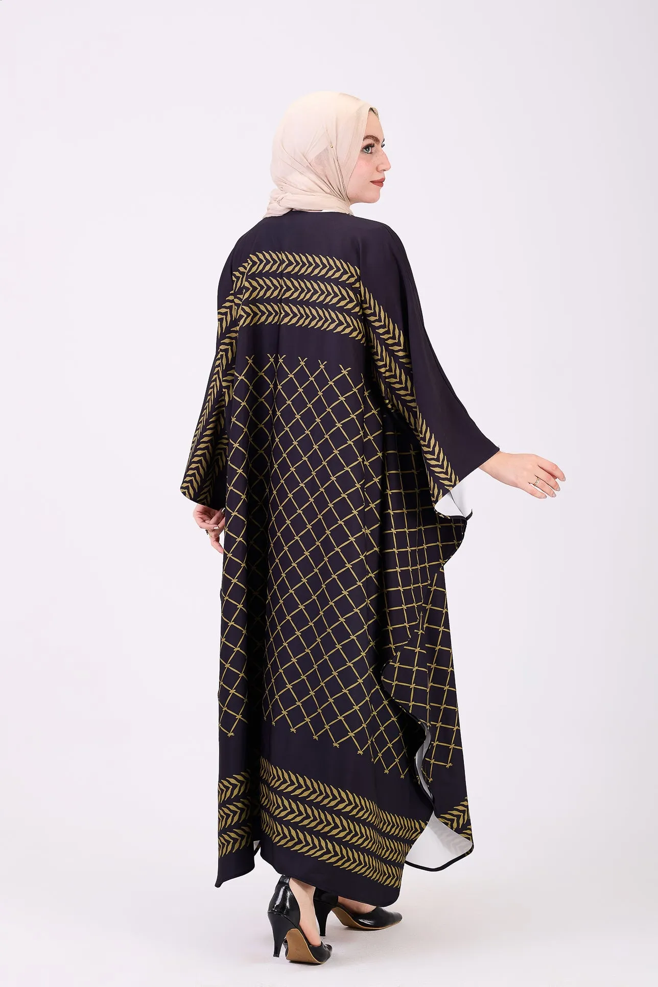 Qudra Luxe Crepe Geometric Patterned Maxi Dress with Modest Sleeves