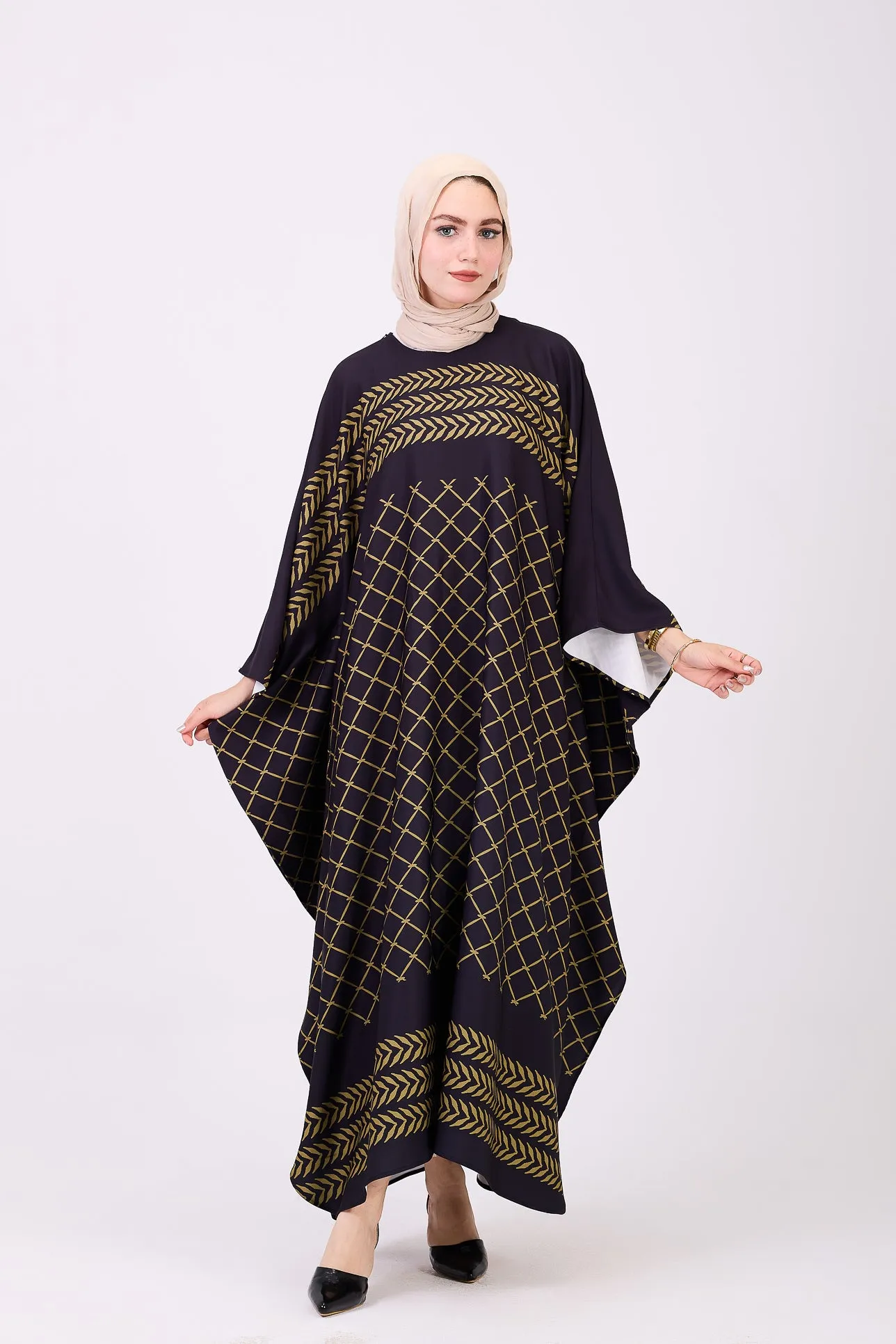 Qudra Luxe Crepe Geometric Patterned Maxi Dress with Modest Sleeves