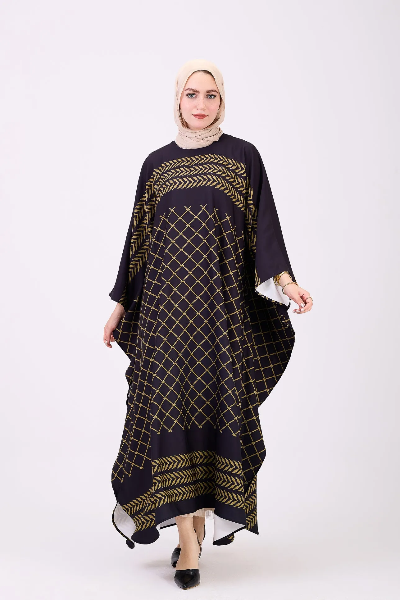 Qudra Luxe Crepe Geometric Patterned Maxi Dress with Modest Sleeves