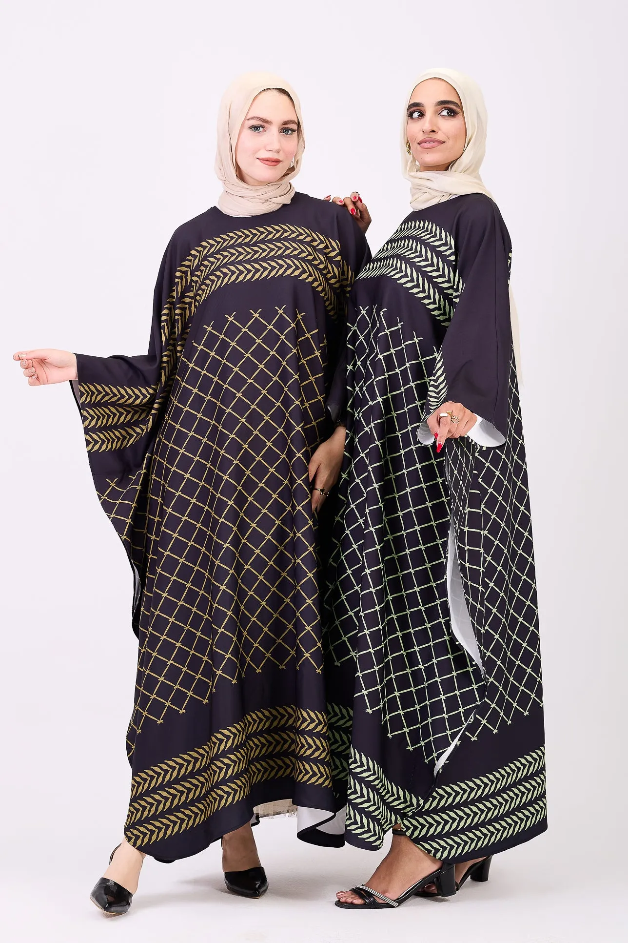 Qudra Luxe Crepe Geometric Patterned Maxi Dress with Modest Sleeves