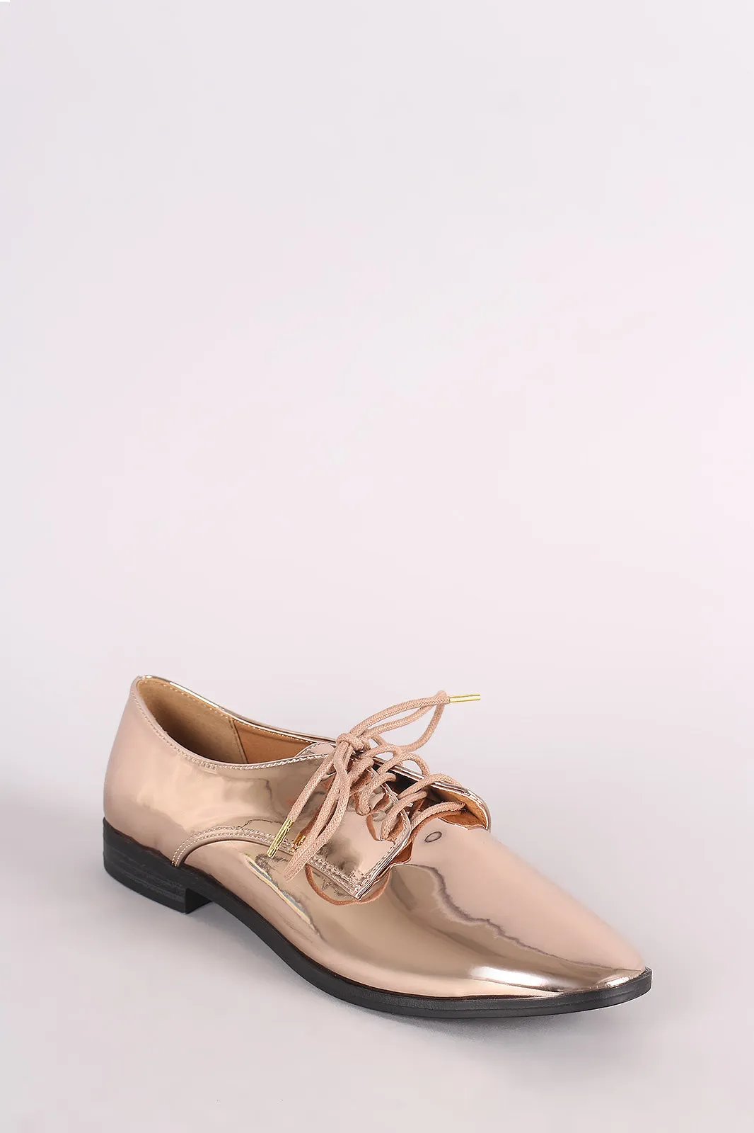 Qupid Mirror Metallic Lace Up Oxford Flat