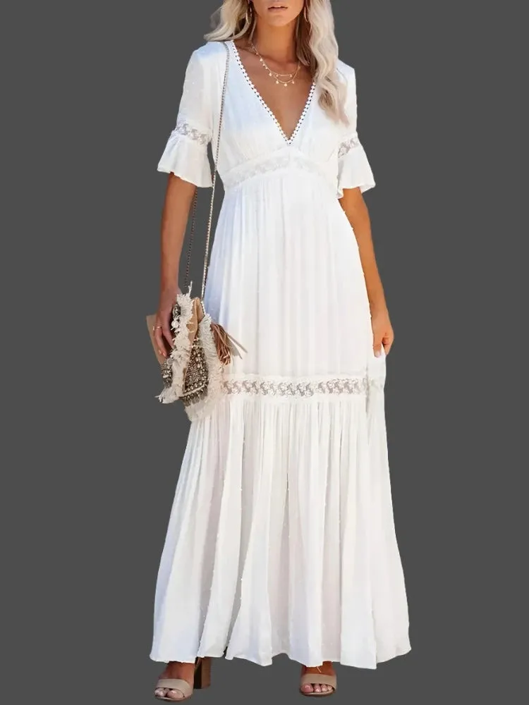 Sleeve V Neck Long Dresses Ladies Elegant Casual Loose