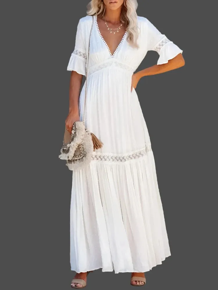 Sleeve V Neck Long Dresses Ladies Elegant Casual Loose