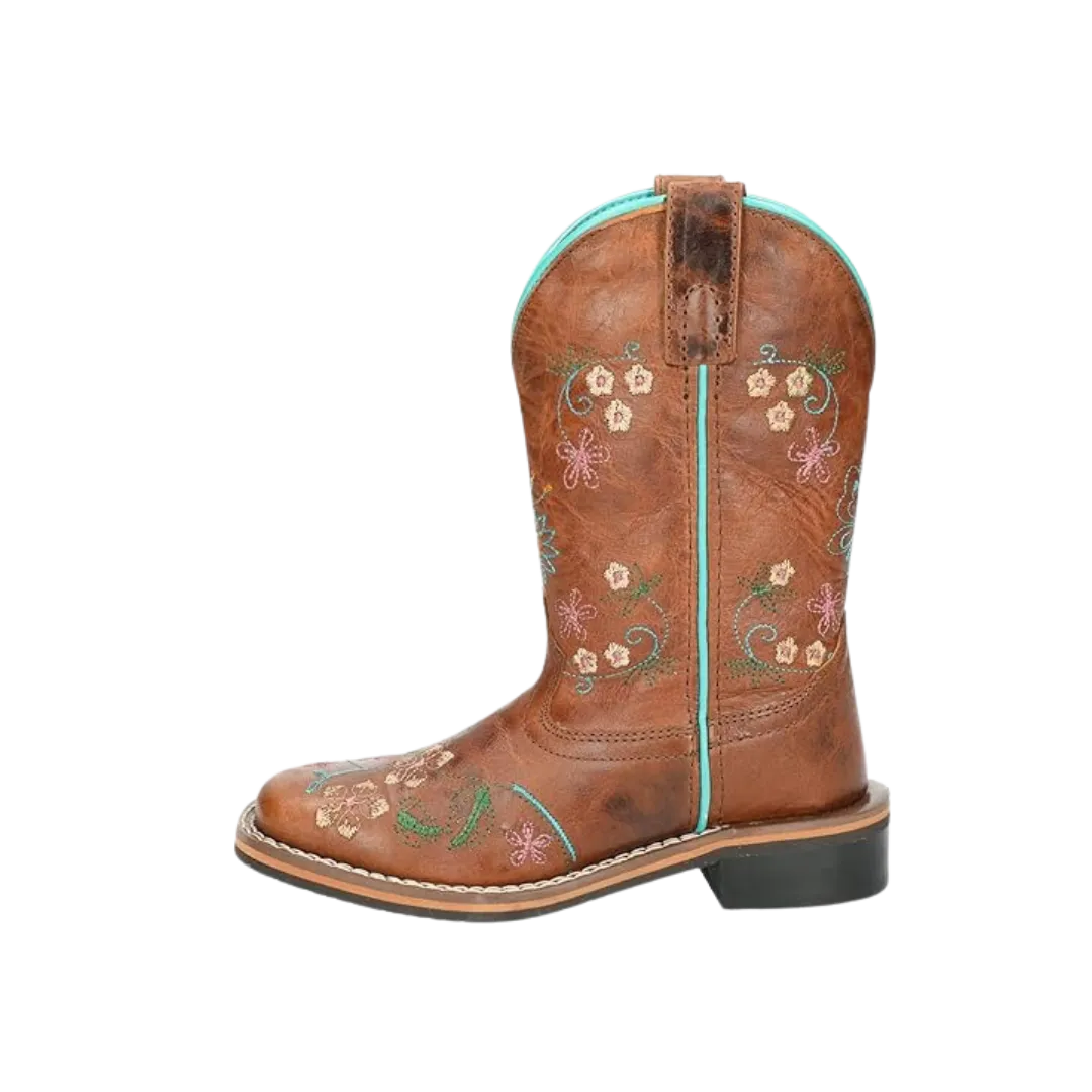 Smoky Mountain Kids Antique Tan with Floral Embroidery Leather Square Toe Boots