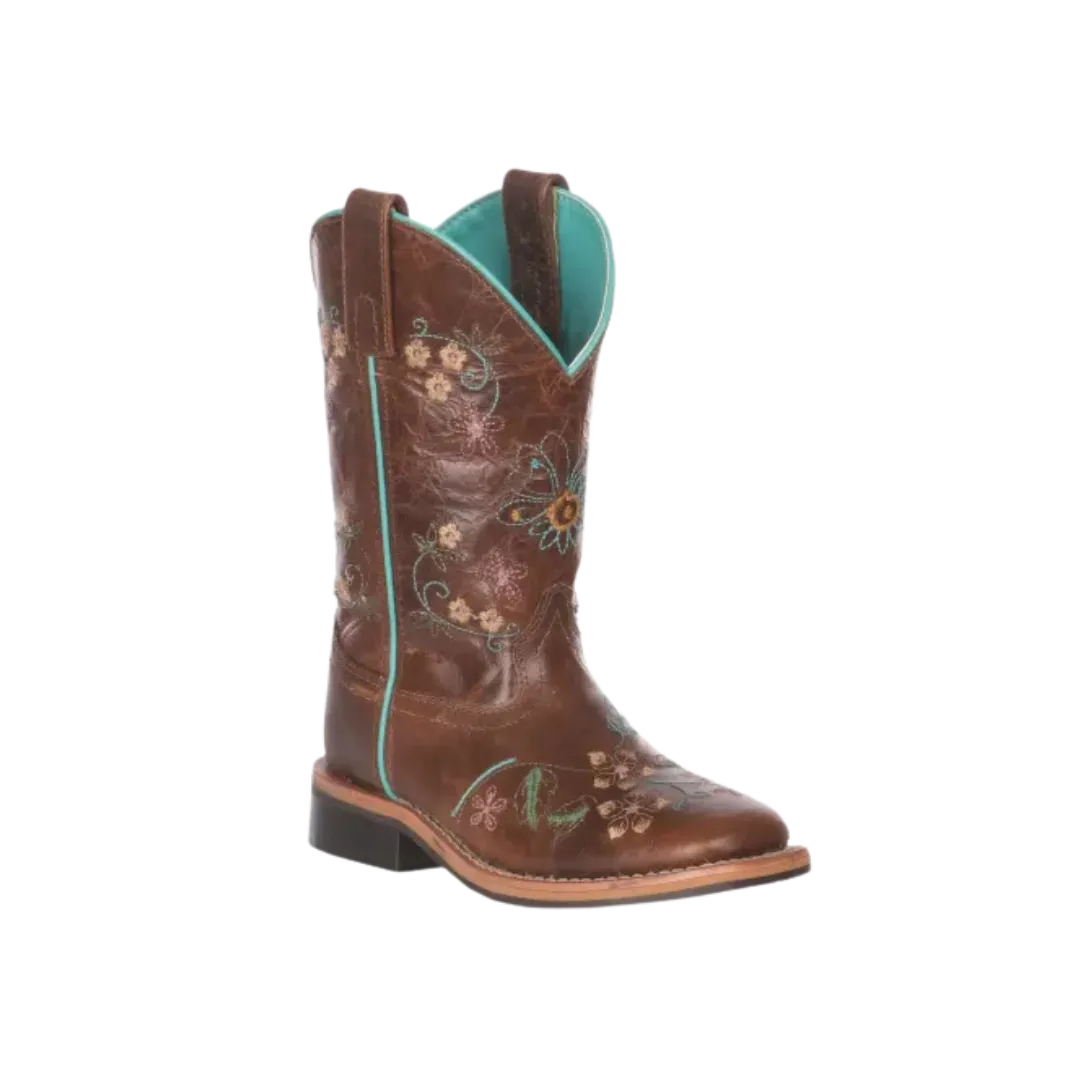 Smoky Mountain Kids Antique Tan with Floral Embroidery Leather Square Toe Boots