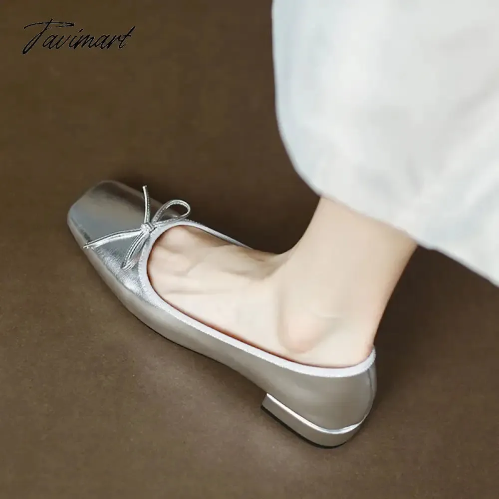 TAVIMART -  Women's Flats Sliver Boat Shoes Square Toe Slip on Flat Shoes for Woman Ballet Flats Comfortable Bow Loafers Spring Autumn 1182N