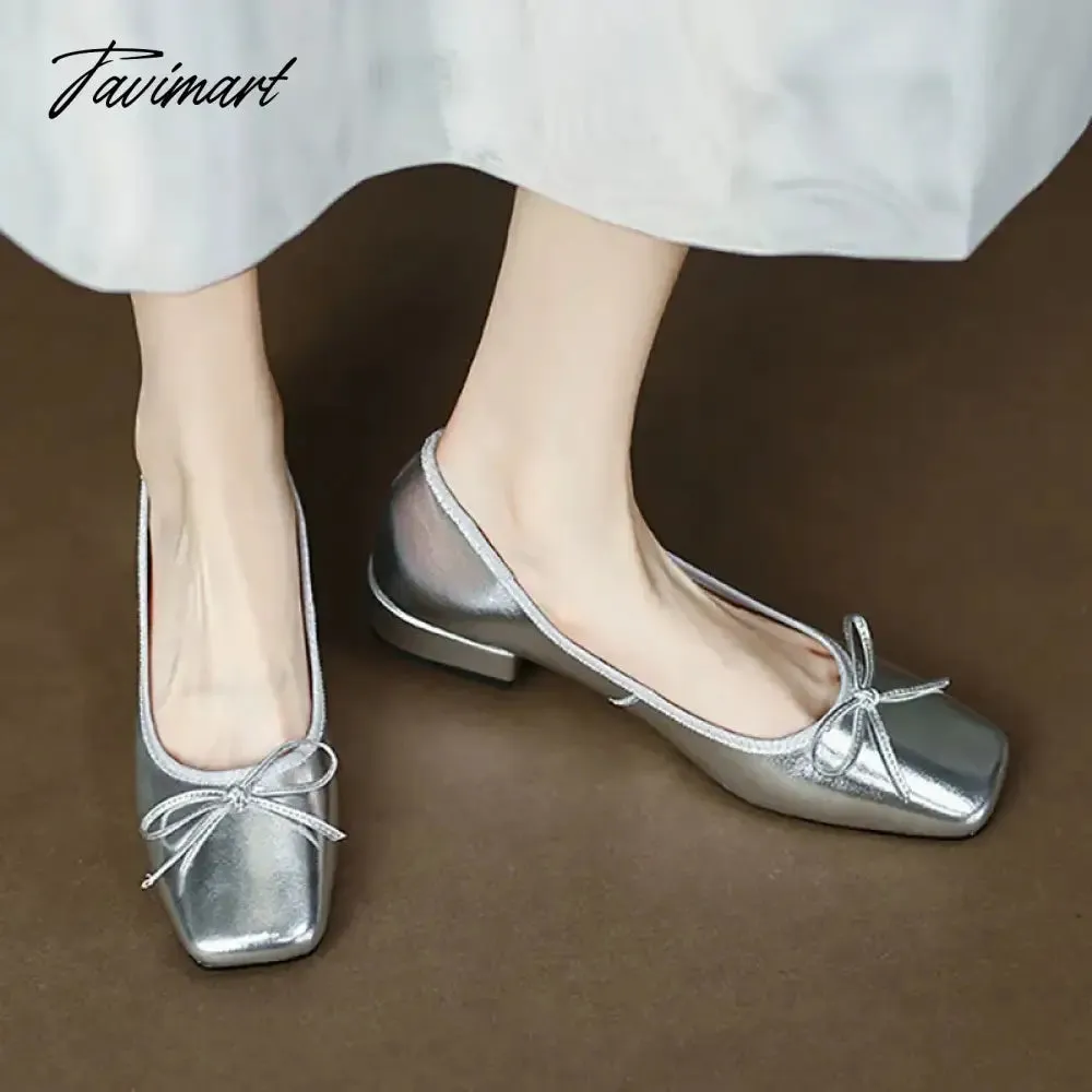 TAVIMART -  Women's Flats Sliver Boat Shoes Square Toe Slip on Flat Shoes for Woman Ballet Flats Comfortable Bow Loafers Spring Autumn 1182N