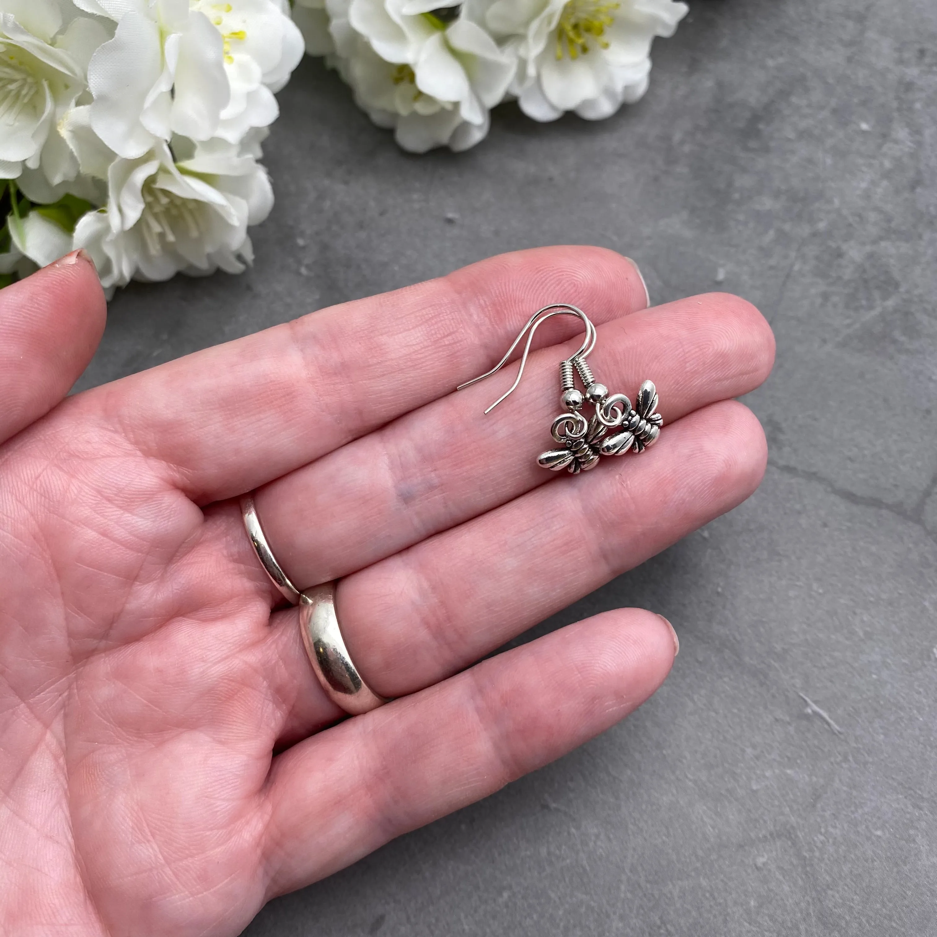 Tiny Bumble Bee Charm Silver Tone Earrings 25mm