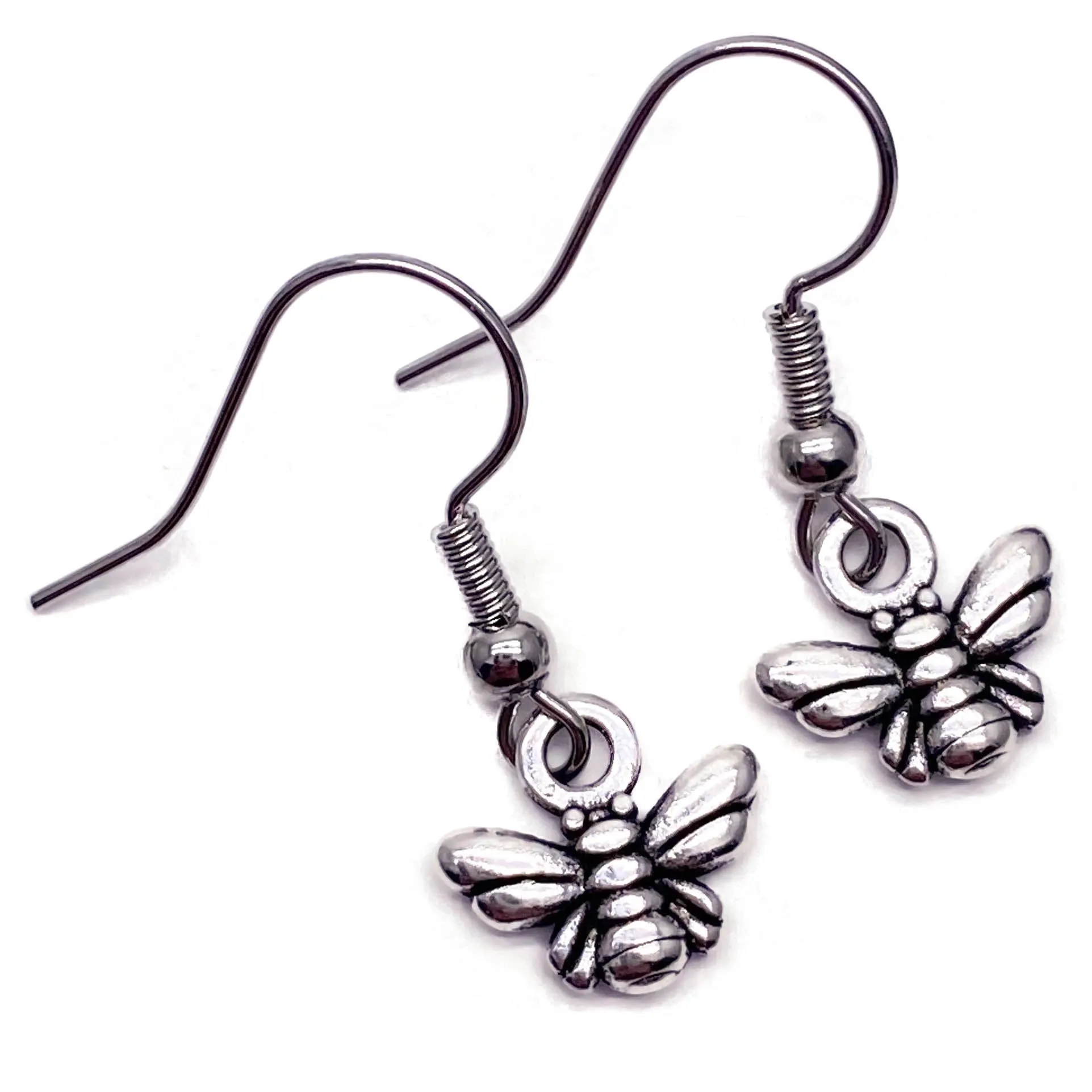 Tiny Bumble Bee Charm Silver Tone Earrings 25mm