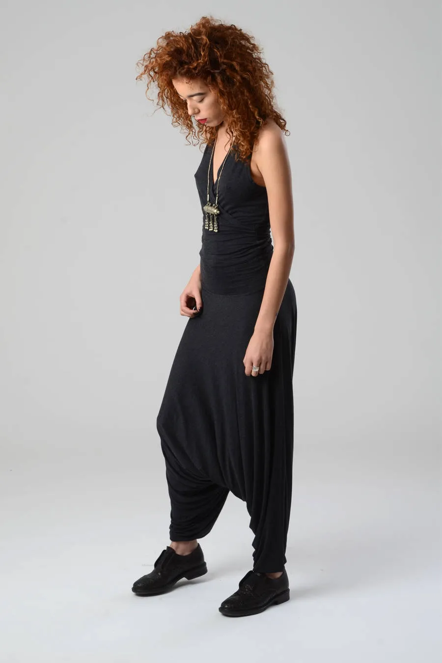 V Neck Dark Grey Harem Jumpsuit