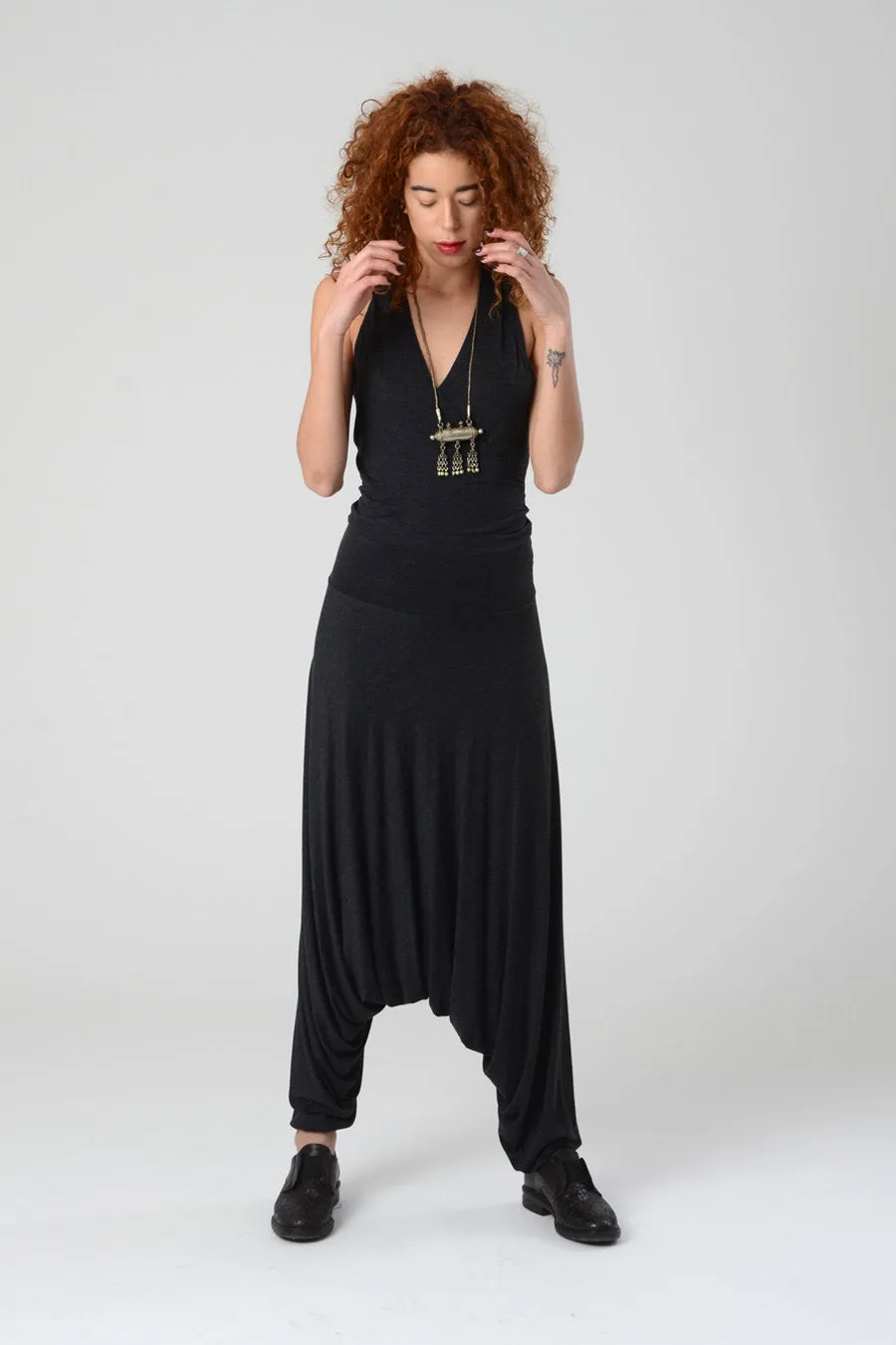 V Neck Dark Grey Harem Jumpsuit