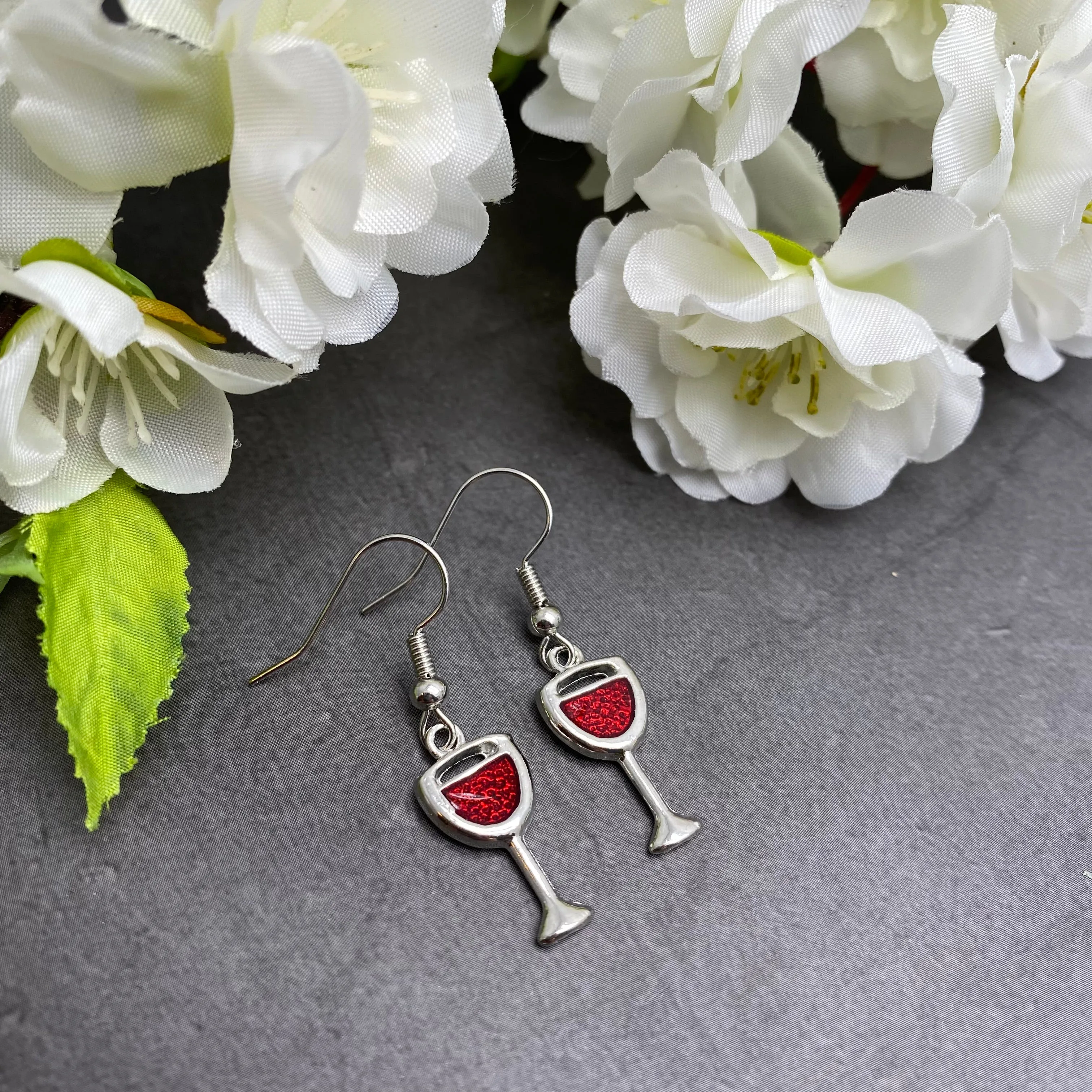 Wine Glass Red Enamel Charm Earrings