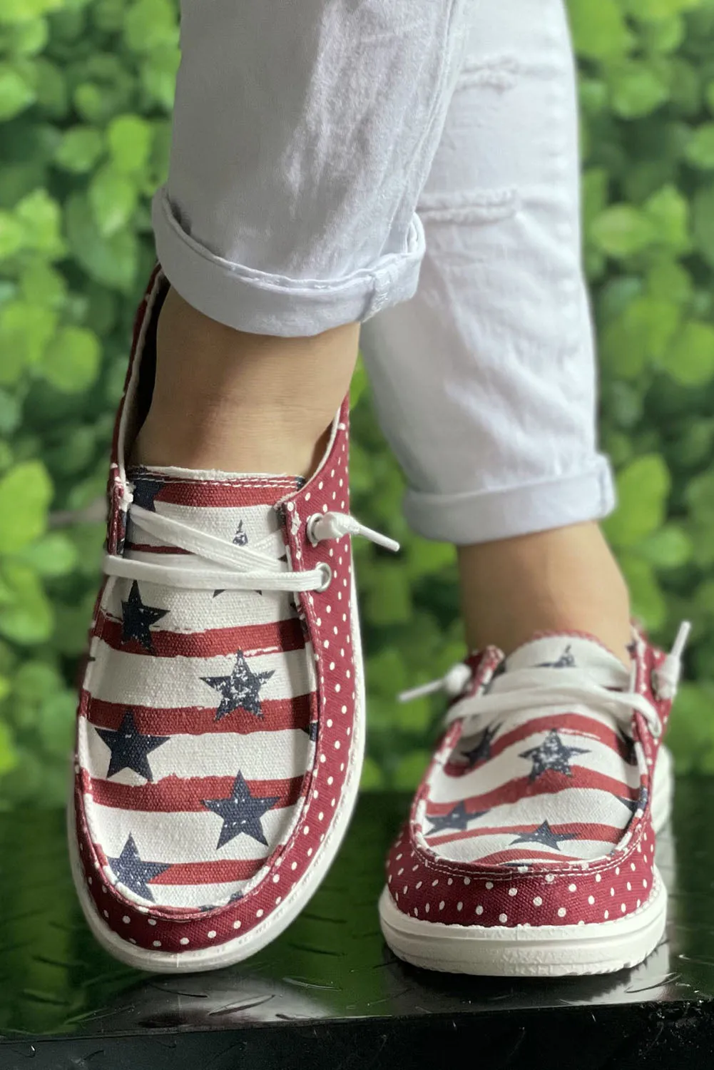 Womens Star & Stripe Print Slip-on Canvas Flat Sneakers Loafers Shoes